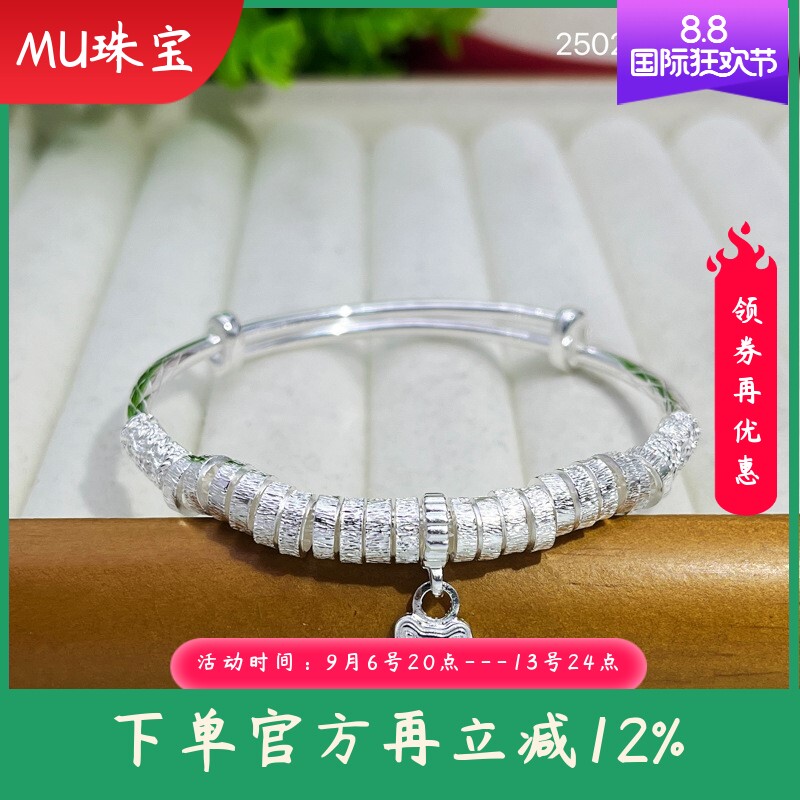 s990足银手镯女款招财猫盘缠实心推拉手环时尚百搭手饰送女友礼物