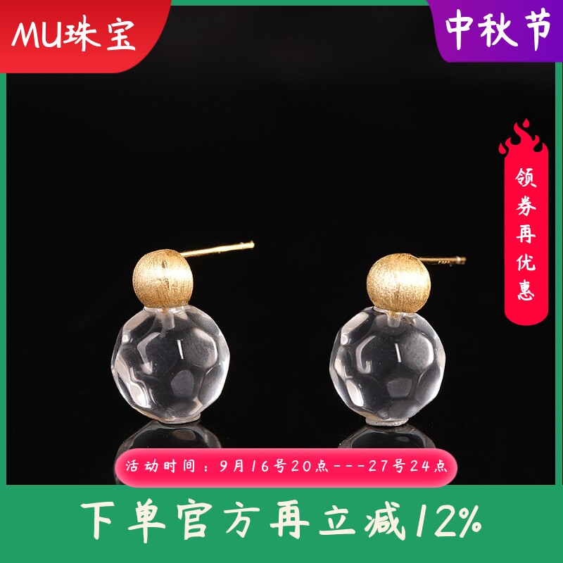 新款s925纯银天然白水晶纯净体切面耳坠时尚风镀金拉丝女耳环