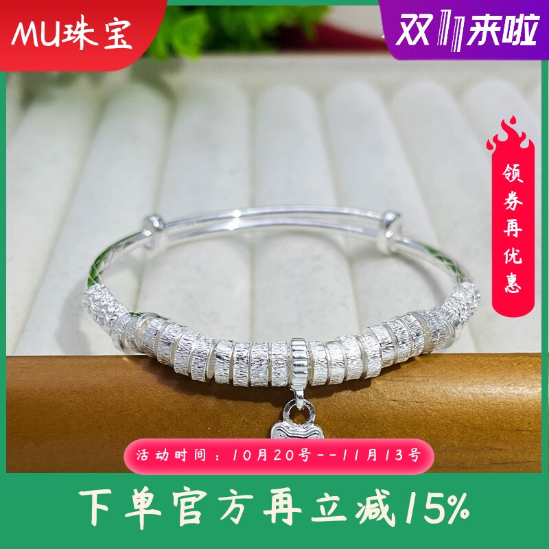 s990足银手镯女款招财猫盘缠实心推拉手环时尚百搭手饰送女友礼物