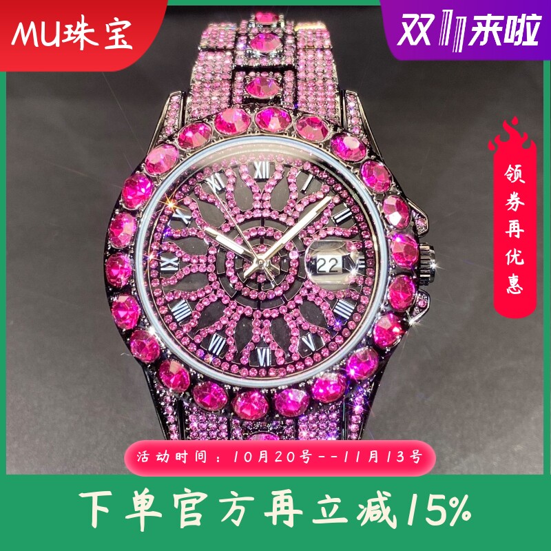 新款欧美时尚高品质满钻男士手表 商务潮流嘻哈风个性全水钻手表