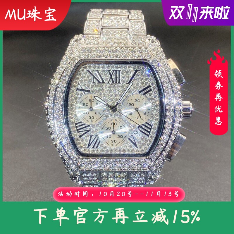 新款 嘻哈男士全钻石多功能计时夜光酒桶型石英手表