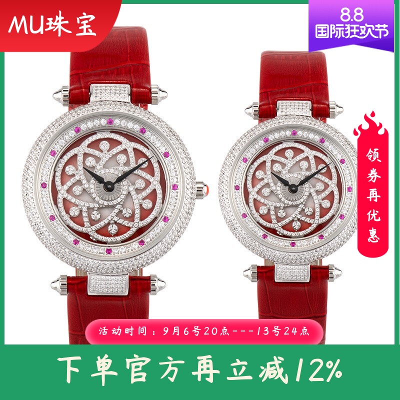 新款时尚满钻真皮女士手表镶钻转盘石英表防水皮带瑞士机芯情侣表