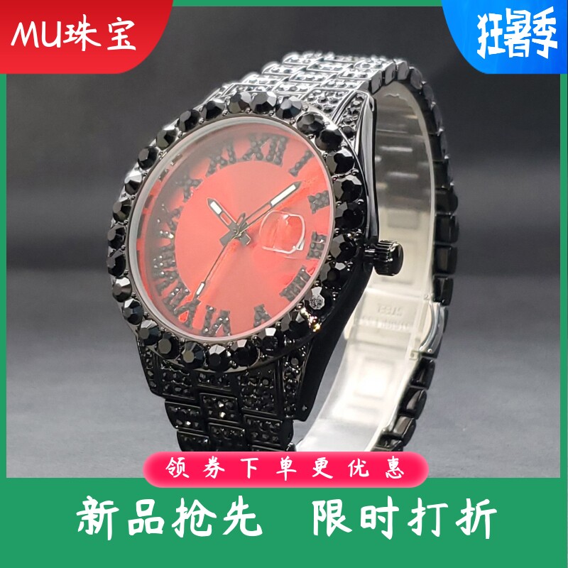 新款 跨境高端时尚大气罗马满钻表盘日历防水夜光男士女士手表