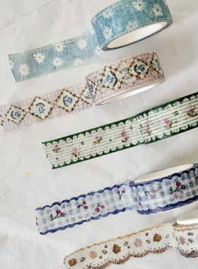 浮光分装 台湾Pion 基础盐系/轻复古 小花格纹手帐拉条胶带