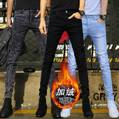 小脚男款 潮流男裤 裤 男士 修身 韩版 子弹力加绒休闲牛仔裤 黑色秋冬款