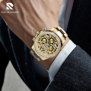 罗拉戈顿男士机械表高端商务款手表男新款潮流高级感金表轻奢镶钻