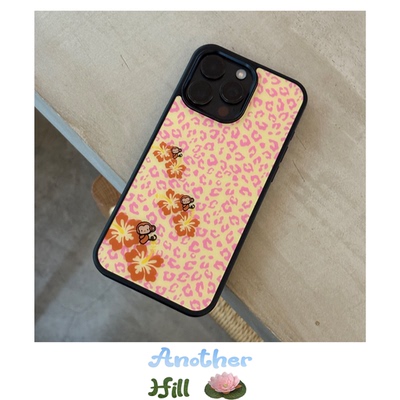 AnotherHill原创豹纹扶桑花小猴子版本黑边亚克力壳适用于iPhone Jaden同款