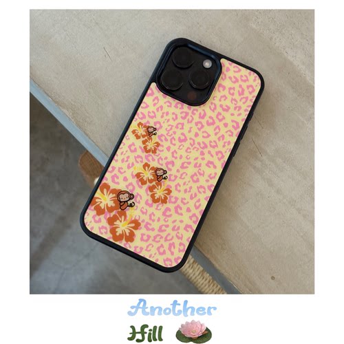 AnotherHill原创豹纹扶桑花小猴子版本黑边亚克力壳适用于iPhone