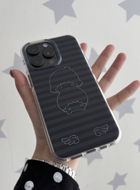 Anotherhill原创黑灰条纹双子星手机壳圆边双层imd双子星手机支架