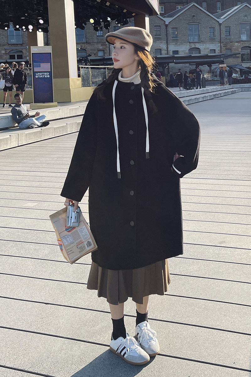 2023新款黑色连帽双面呢大衣2376-P290控388+,女装毛呢外套,浙宝268（原浙宝222）