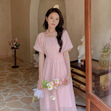 法式马卡龙粉色泡泡袖方领雪纺连衣裙女夏2025新款高级感别致绝美，女装连衣裙，浙宝268（原浙宝222）