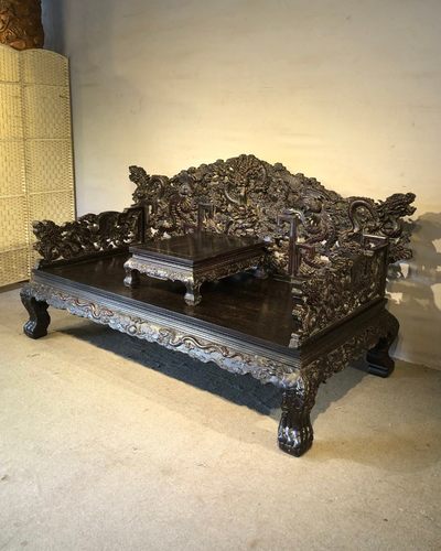 仿明清家具老件紫檀木雕浮雕龙凤呈祥带炕桌罗汉床摆件一套