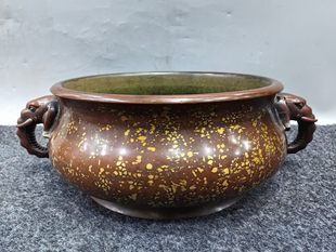 早期收藏老件纯紫铜洒金工艺崇祯葵末仲春施制象耳大香炉7.9公斤