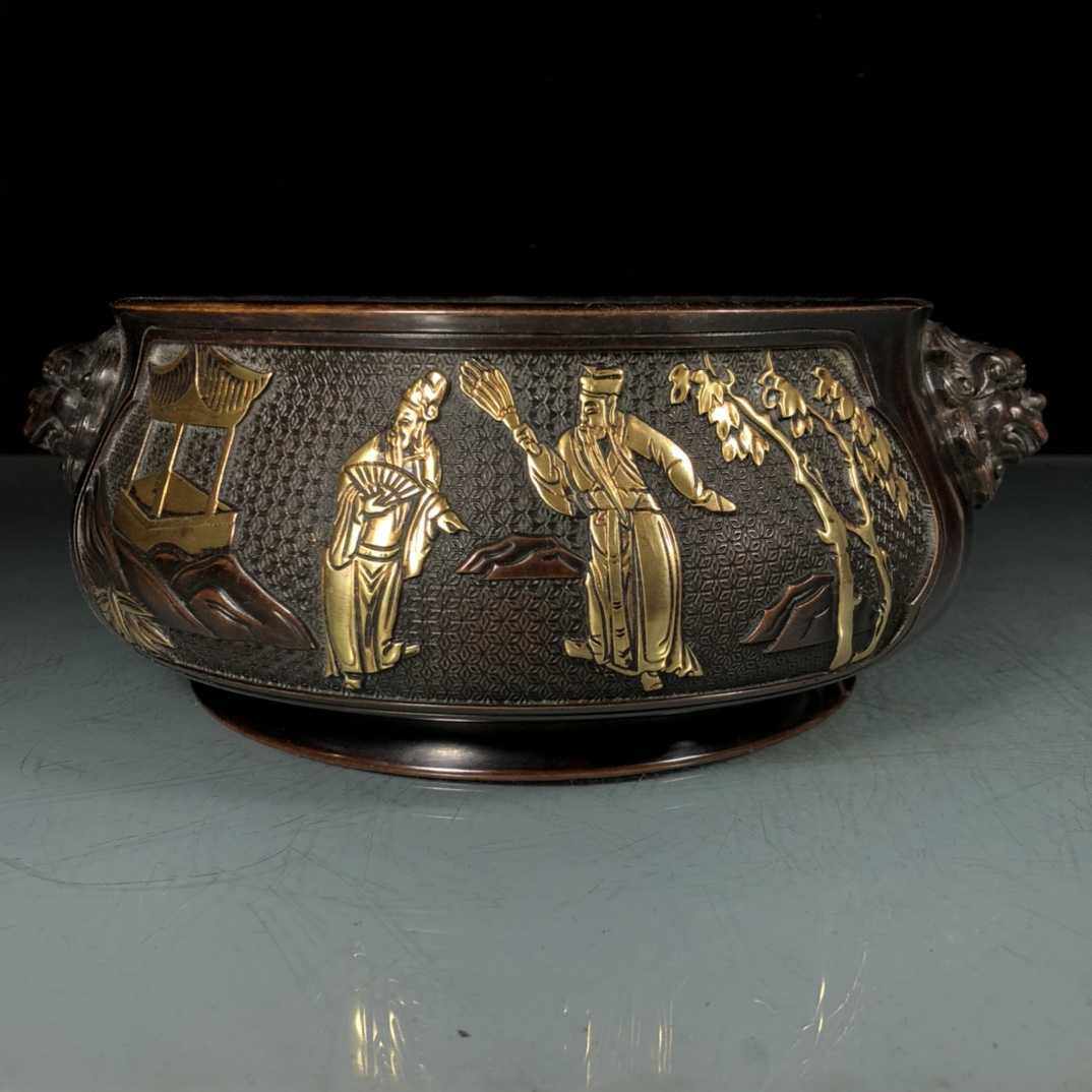 老件纯铜紫铜浮雕鎏金窦朱家藏清玩两个老翁图狮耳香炉摆件