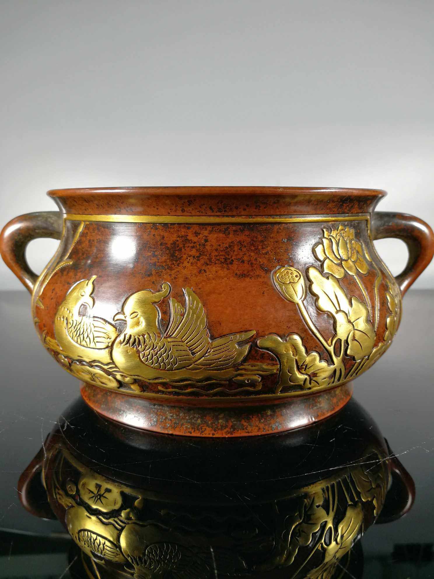 老件紫铜鎏金窦朱家藏清玩高8.5*20*14公分2.4公斤鸳鸯戏水香炉