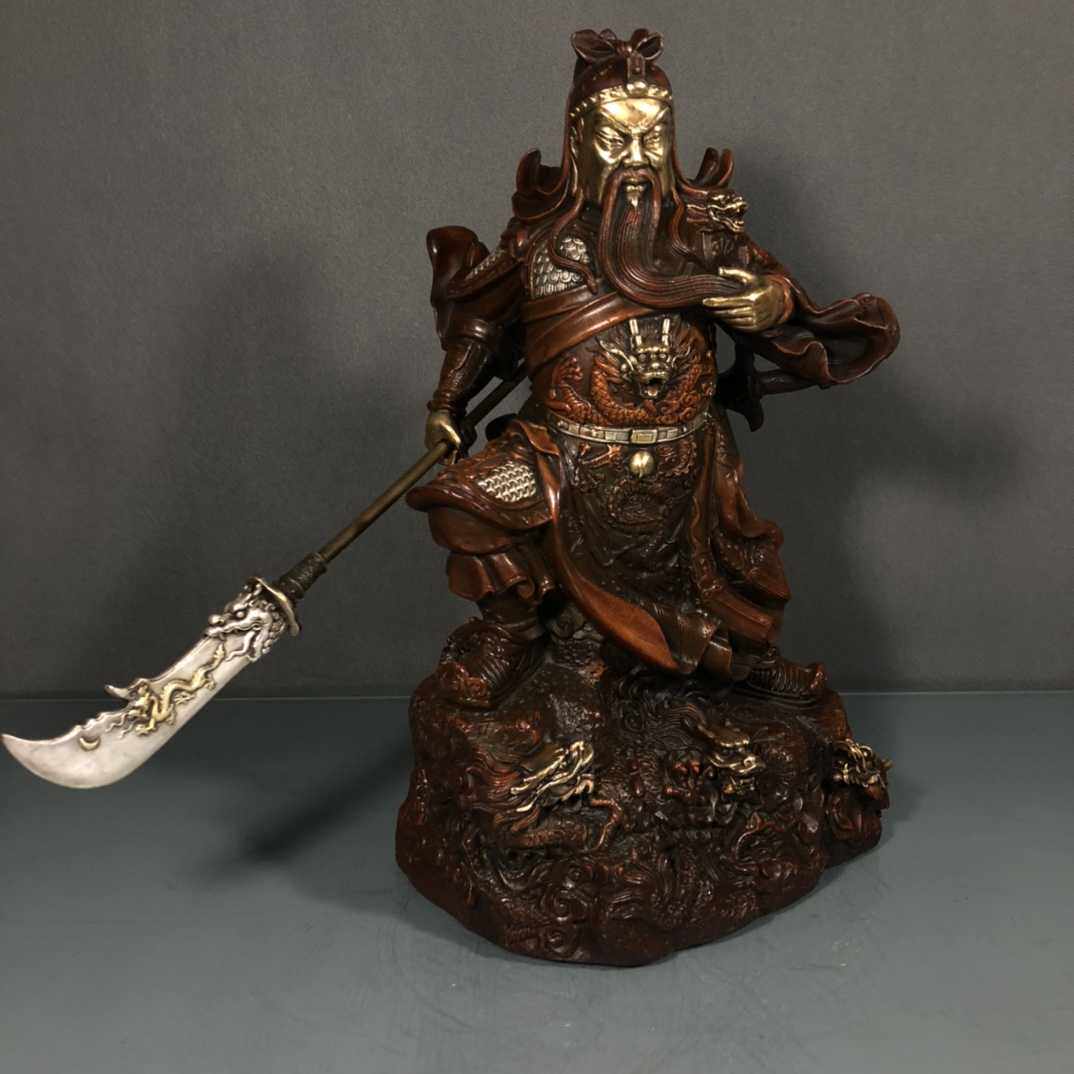 书房佛堂店铺供奉老件紫铜鎏金鎏银义薄云天九龙关公关公财神摆件