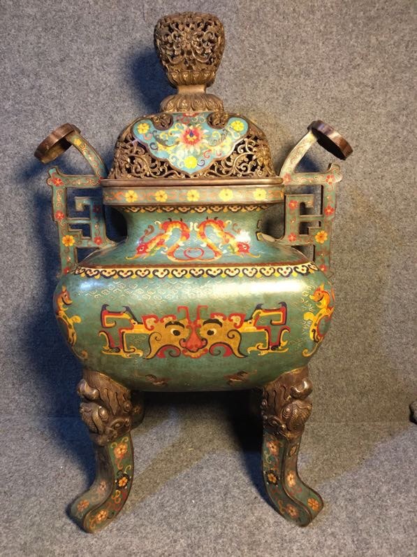 早期收藏老件纯铜景泰蓝掐丝珐琅富贵如意瑞兽四腿大薰香炉21公斤