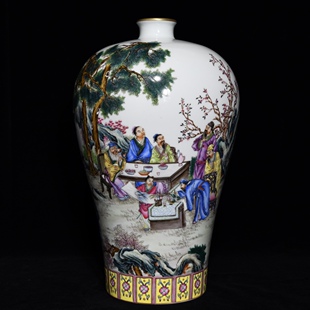 书房客厅摆放雍正年制款景德镇粉彩瓷桃林夜宴人物景色大梅瓶摆件