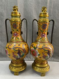 独特收藏景泰蓝金色掐丝珐琅带底座凤凰牡丹麦穗盖花瓶大摆件一对