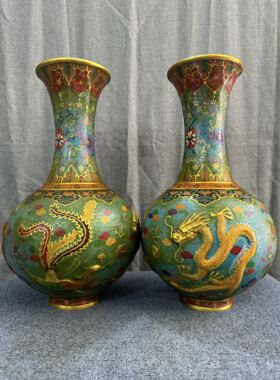 独特收藏景泰蓝绿色掐丝珐琅高53*30厘米精工浮雕龙凤花瓶一对