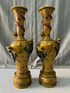 独特收藏纯铜掐丝珐琅景泰蓝浮雕三龙戏珠带底座花瓶摆件一对