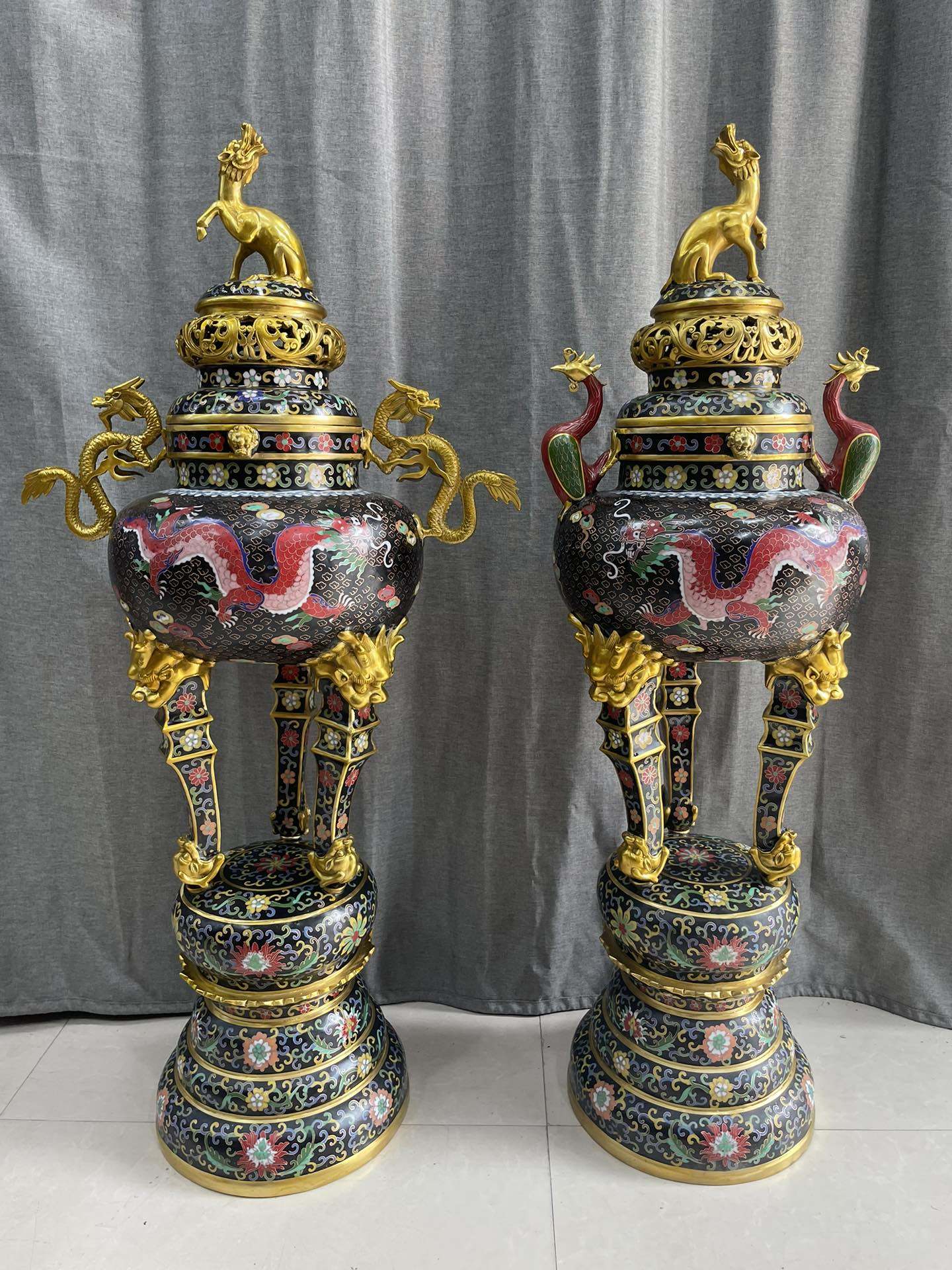 书房客厅摆放纯铜景泰蓝掐丝珐琅龙凤呈祥瑞兽盖薰香炉一对35千克