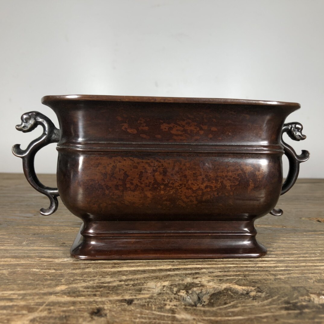 独特收藏老件纯紫铜铸造琴书侣款四季来财长瑞兽耳方座马槽炉摆件