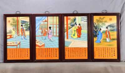 老件木框镶手绘珐琅彩人物瓷板画郎世宁孔雀东南飞中堂挂板一组