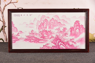 老件红木框镶胭脂红釉瓷片瓷板画汪野亭湖光山色中堂横挂屏