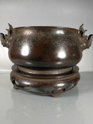 老件纯紫铜铸造工部吴邦佐款长寿如意象鼻瑞兽耳带底座大香炉摆件