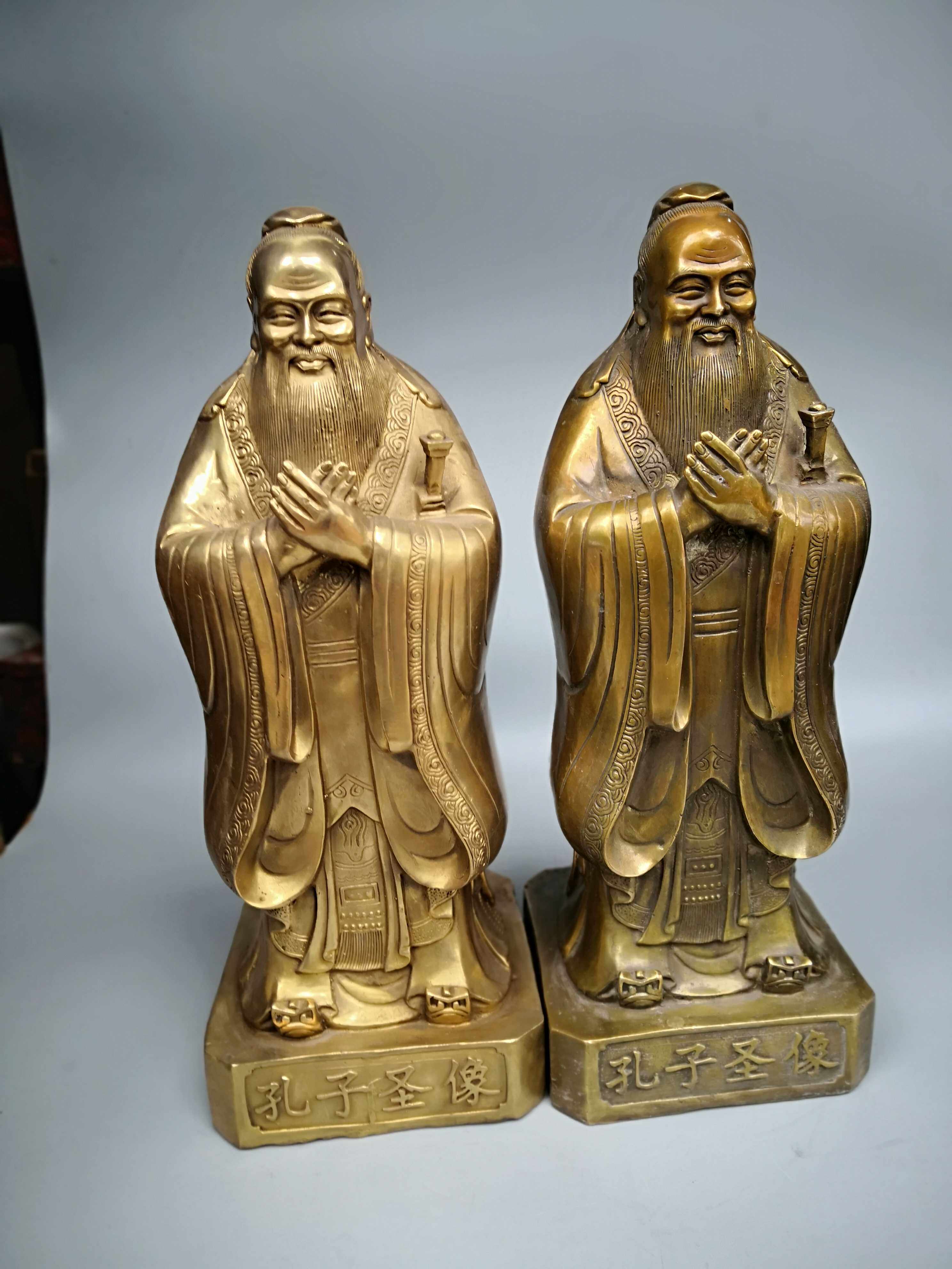 老铜老件铜雕高43*17公分天台孔庙孔子圣像供奉摆件2尊