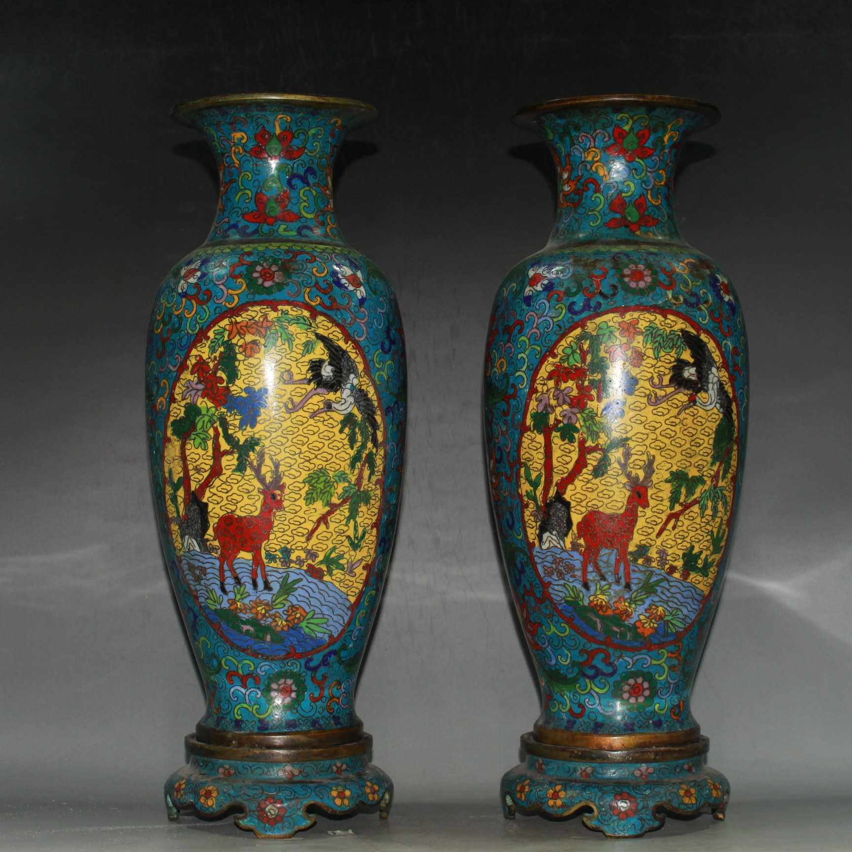 早期收藏老件纯铜紫铜景泰蓝珐琅彩带底座梅花鹿套花瓶摆件