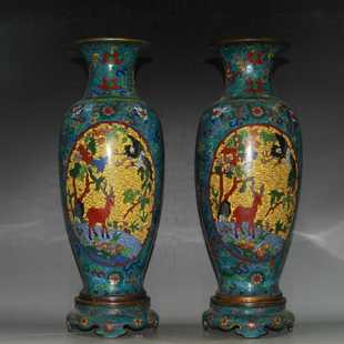 早期收藏老件纯铜紫铜景泰蓝珐琅彩带底座梅花鹿套花瓶摆件