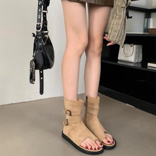 凉靴平底复古套趾高帮中筒凉鞋女