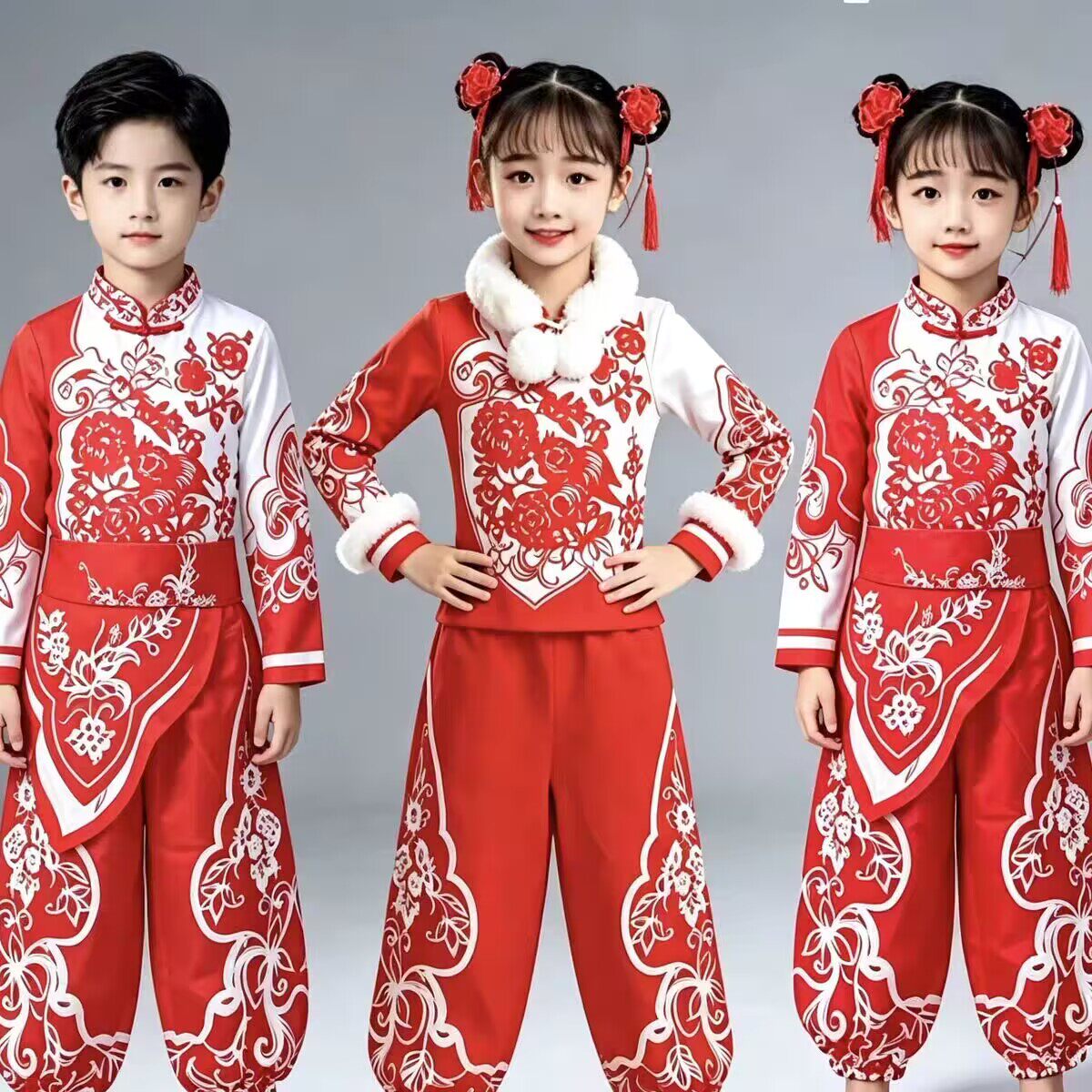 儿童安塞腰鼓服装陕西北民歌风剪纸表演服小学生秧歌打鼓舞蹈服饰