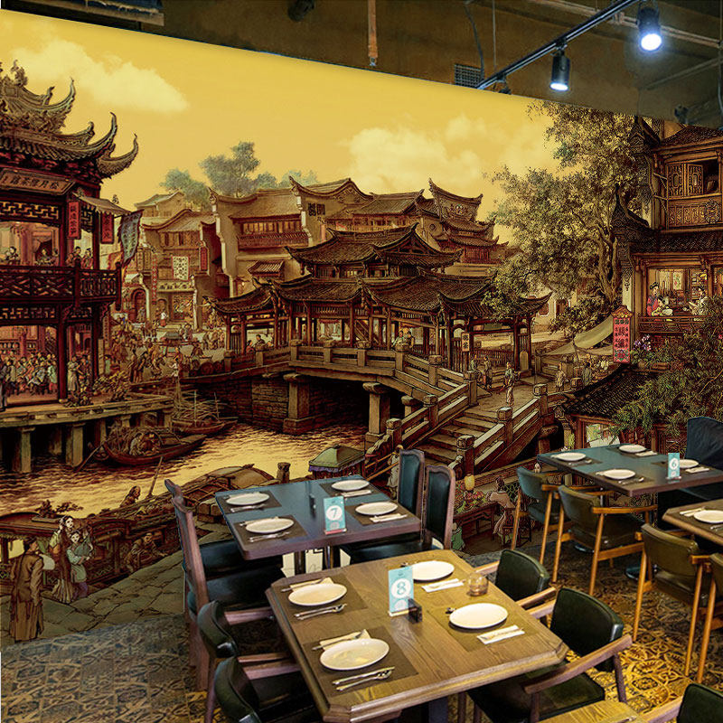 仿古饭店江南水乡墙纸中国风中式古典壁画复古怀旧南乡旧梦图壁纸