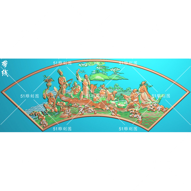 精雕图jdp灰度图bmp浮雕挂屏木雕石雕bx-035八仙过海扇形挂匾带线
