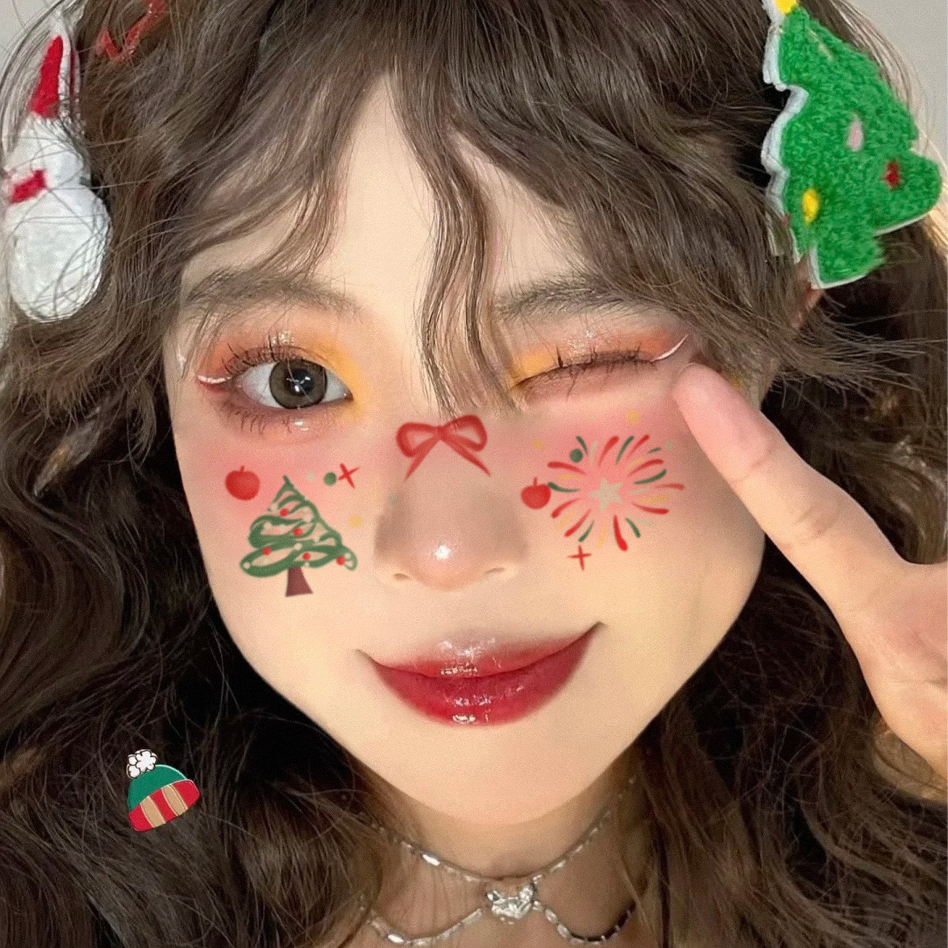 圣诞节平安夜妆容脸贴纹身贴 苹果圣诞树卡通少女腮红COS派对拍照