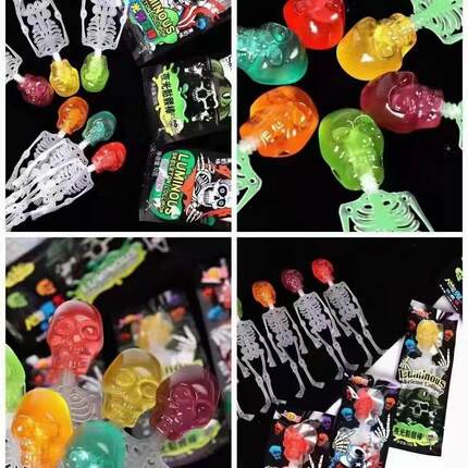 Funny fruity candy, luminous skull lollipop 搞怪果味糖果