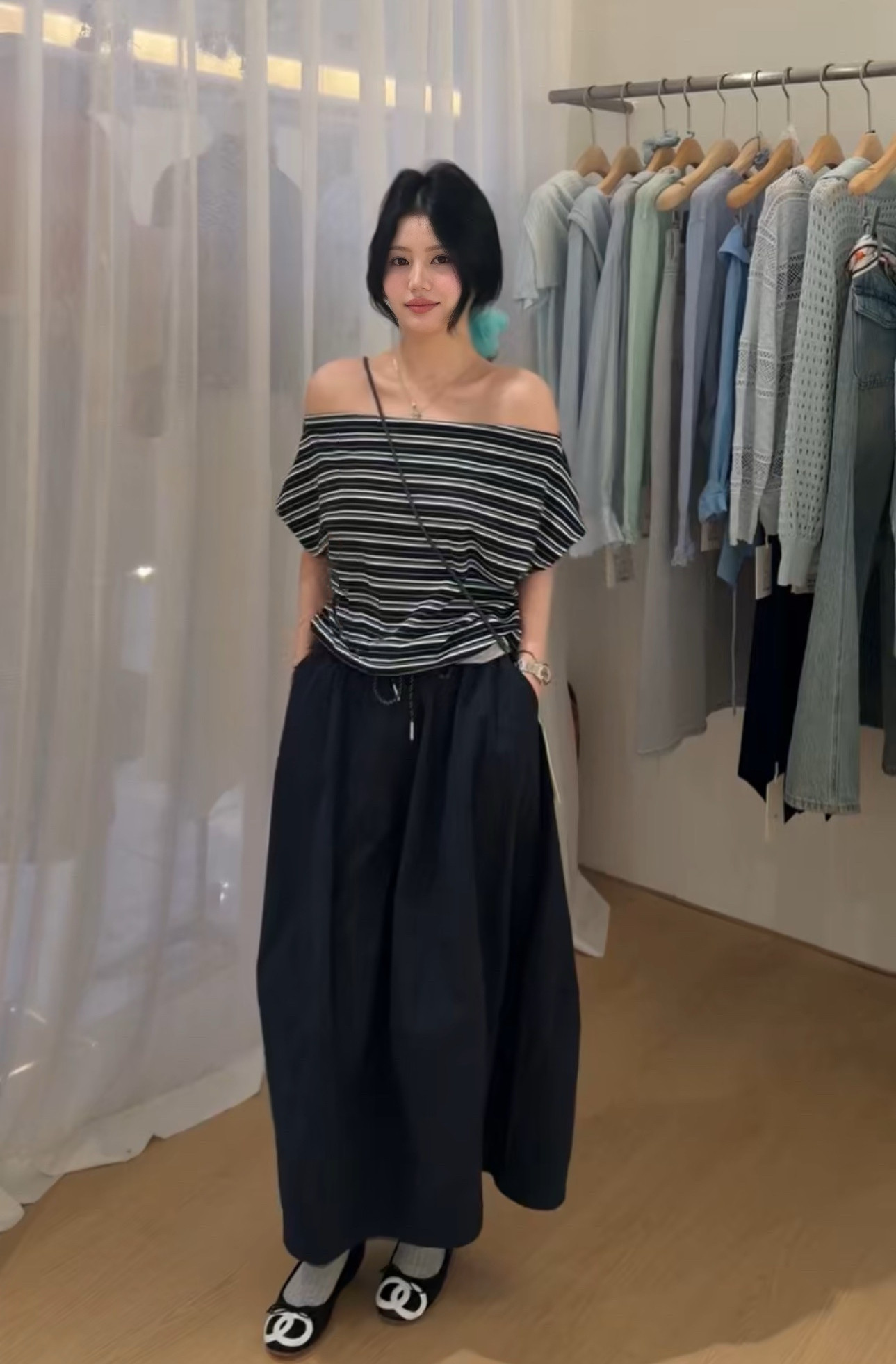 2026新款气质设计感条纹T恤上衣显瘦半身裙两件套时尚短袖套装女