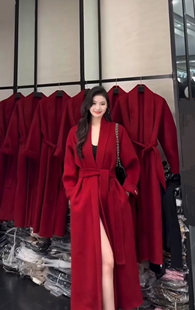 2025年红色双面羊毛大衣女中长款高端气质浴袍款羊毛呢外套女冬季