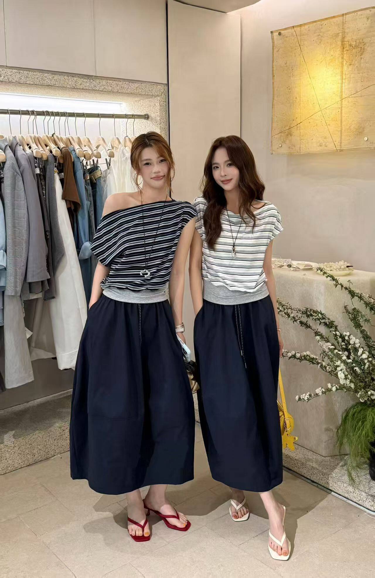 2026春夏新款时尚气质设计感条纹T恤上衣高腰显瘦半身裙两件套女