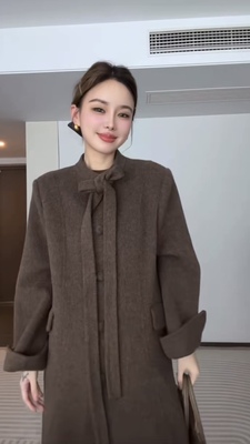 2025年秋季新款法式赫本蝴蝶结双面羊毛大衣女中长款显瘦羊毛外套