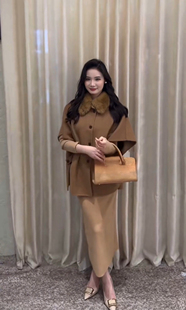 2026秋冬新款兔毛领披肩斗篷双面羊毛大衣女气质高端羊毛呢子外套