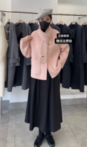 复古风秋冬新款双面羊绒大衣韩系针织围巾可卸甜美短款羊毛外套