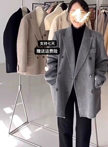 2023新款韩版灰色双面羊毛绒大衣短款西装领正肩羊毛呢外套女高端