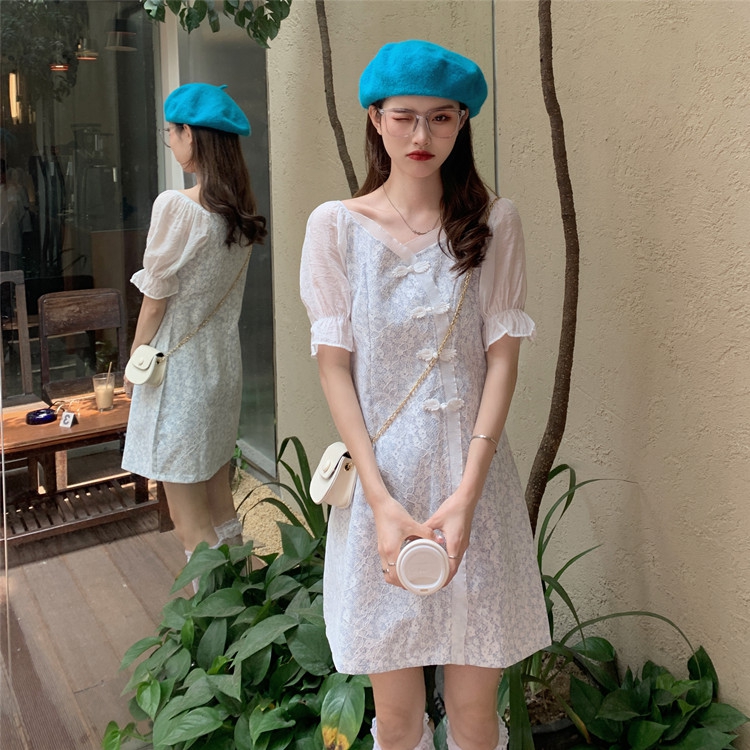 Real price ~ summer new retro stitching LACE SHORT SLEEVE cheongsam dress