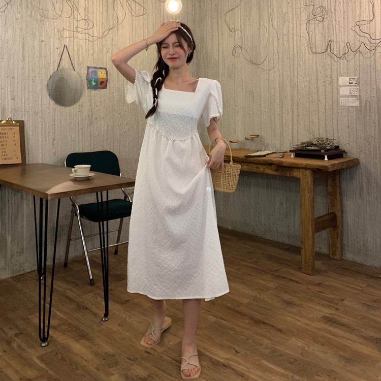 Real shot real price ~ summer Korean pearl lace stitching medium length dress