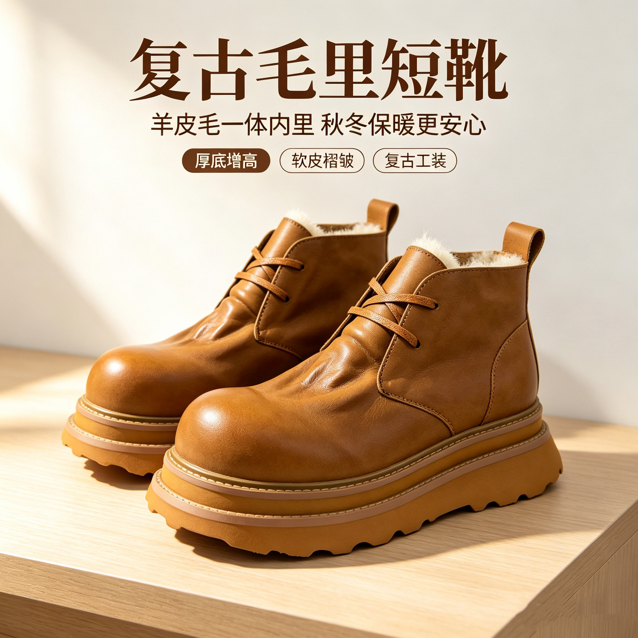 原创皮毛一体雪地靴男大头厚底增工装鞋