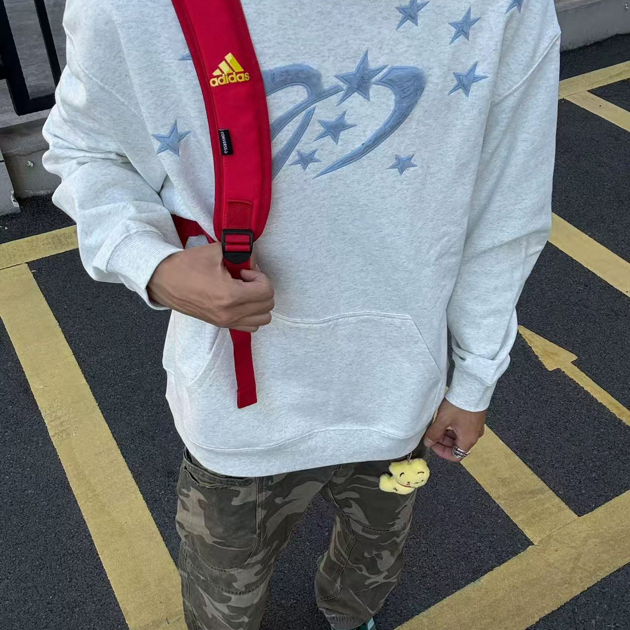 美式高街潮毛绒星星刺绣连帽卫衣